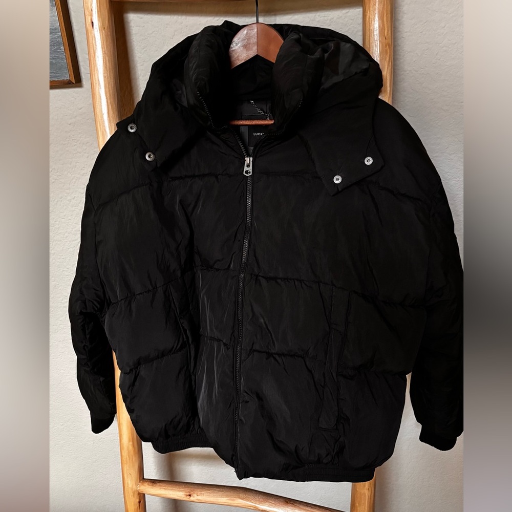 Lucky Brand Black Hooded Puffer Jacket Women’s L Zip Front Waist Drawstring